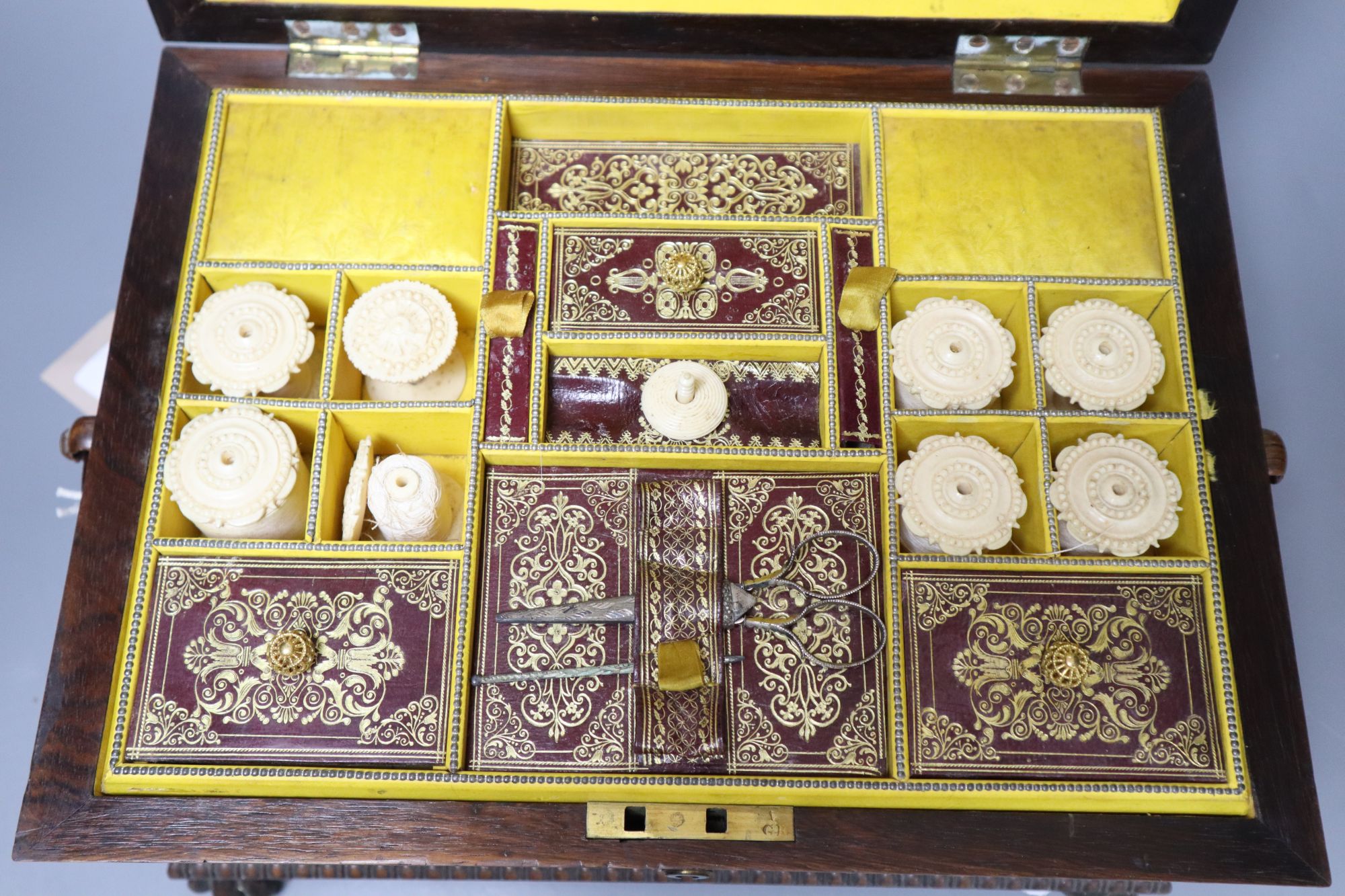 A Victorian mother of pearl-inlaid rosewood sarcophagus work box, width 31cm height 18cm